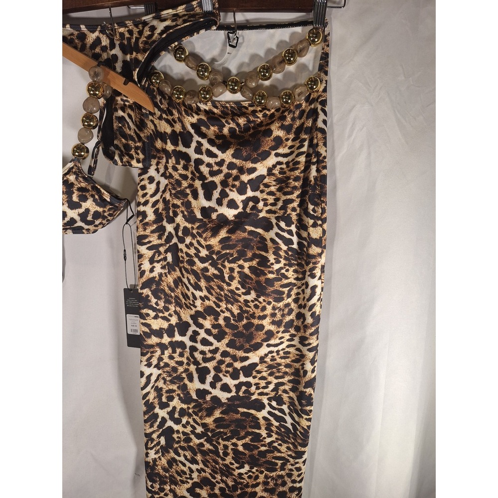 Fashion Nova Remi Bead Straps Leopard 3 Piece Bikini and Skirt Set Brown XS NEW - Picture 4 of 7
